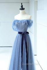 Blue Floor Length Evening Prom Dress, A-line Strapless Tulle Evening Dress