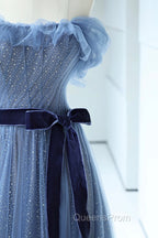 Blue Floor Length Evening Prom Dress, A-line Strapless Tulle Evening Dress