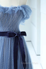 Blue Floor Length Evening Prom Dress, A-line Strapless Tulle Evening Dress