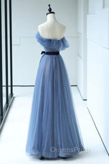Blue Floor Length Evening Prom Dress, A-line Strapless Tulle Evening Dress