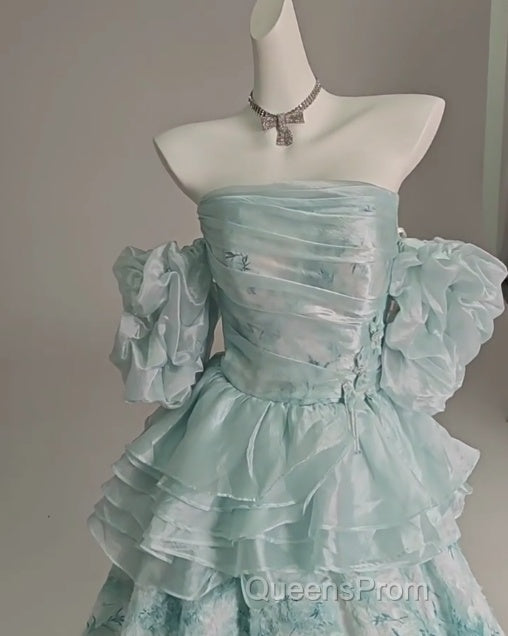 Blue Floral A-Line Strapless Organza Long Evening Prom Dress Graduation Evening Prom Dress Secondary image