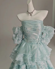 Blue Floral A-Line Strapless Organza Long Evening Prom Dress Graduation Evening Prom Dress