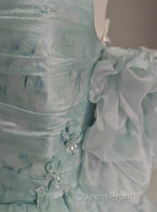 Blue Floral A-Line Strapless Organza Long Evening Prom Dress Graduation Evening Prom Dress