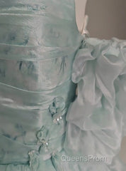 Blue Floral A-Line Strapless Organza Long Evening Prom Dress Graduation Evening Prom Dress