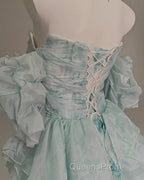 Blue Floral A-Line Strapless Organza Long Evening Prom Dress Graduation Evening Prom Dress