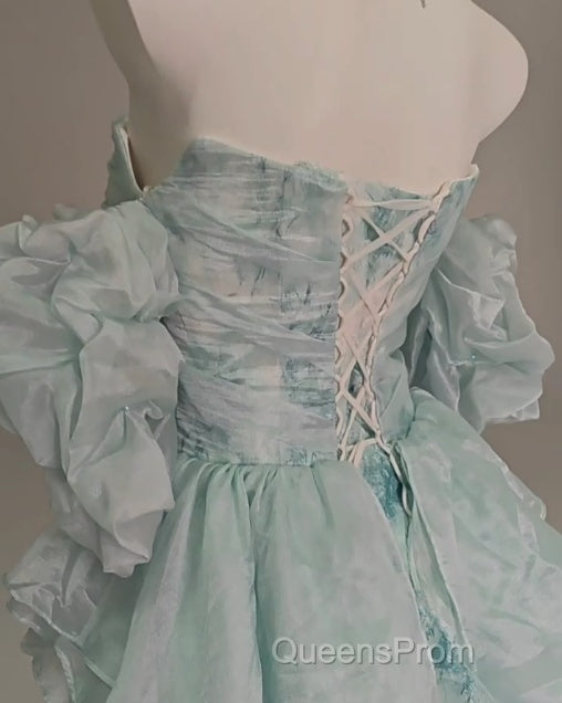 Blue Floral A-Line Strapless Organza Long Evening Prom Dress Graduation Evening Prom Dress