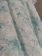 Blue Floral A-Line Strapless Organza Long Evening Prom Dress Graduation Evening Prom Dress
