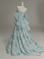 Blue Floral A-Line Strapless Organza Long Evening Prom Dress Graduation Evening Prom Dress