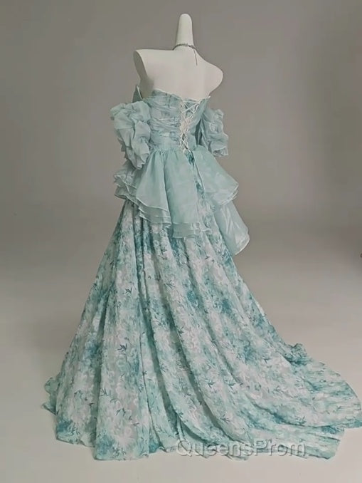 Blue Floral A-Line Strapless Organza Long Evening Prom Dress Graduation Evening Prom Dress