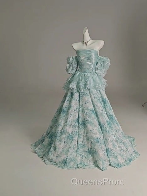 Blue Floral A-Line Strapless Organza Long Evening Prom Dress Graduation Evening Prom Dress