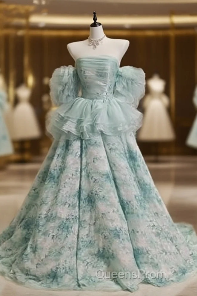 Blue Floral A-Line Strapless Organza Long Evening Prom Dress Graduation Evening Prom Dress