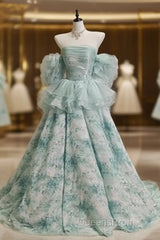 Blue Floral A-Line Strapless Organza Long Evening Prom Dress Graduation Evening Prom Dress