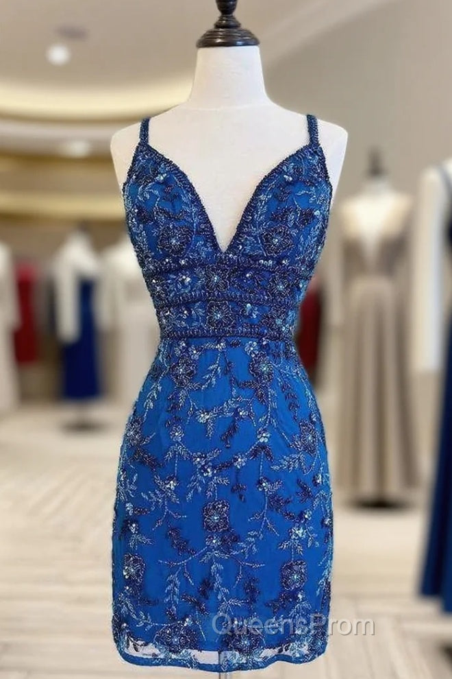 Blue Floral Lace Beaded Lace-Up Back Cocktail Dress Main image