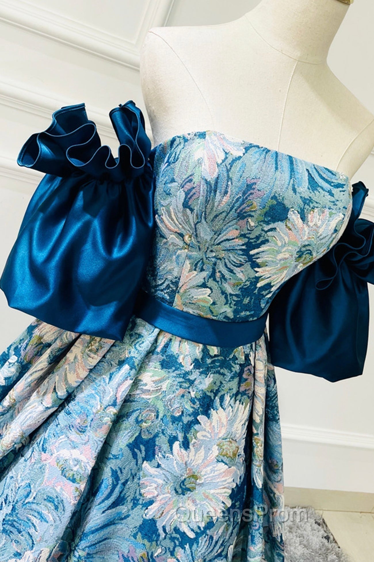 Blue Floral Pattern Long Senior Evening Prom Dress, Off the Shoulder Evening Party Dress