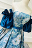 Blue Floral Pattern Long Senior Evening Prom Dress, Off the Shoulder Evening Party Dress