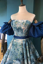 Blue Floral Pattern Long Senior Evening Prom Dress, Off the Shoulder Evening Party Dress