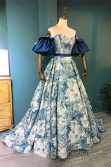 Blue Floral Pattern Long Senior Evening Prom Dress, Off the Shoulder Evening Party Dress