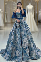 Blue Floral Pattern Long Senior Evening Prom Dress, Off the Shoulder Evening Party Dress