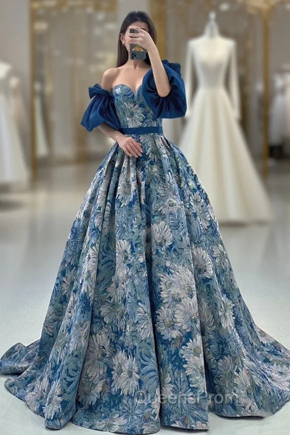 Blue Floral Pattern Long Senior Evening Prom Dress, Off the Shoulder Evening Party Dress