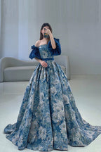 Blue Floral Pattern Long Senior Evening Prom Dress, Off the Shoulder Evening Party Dress