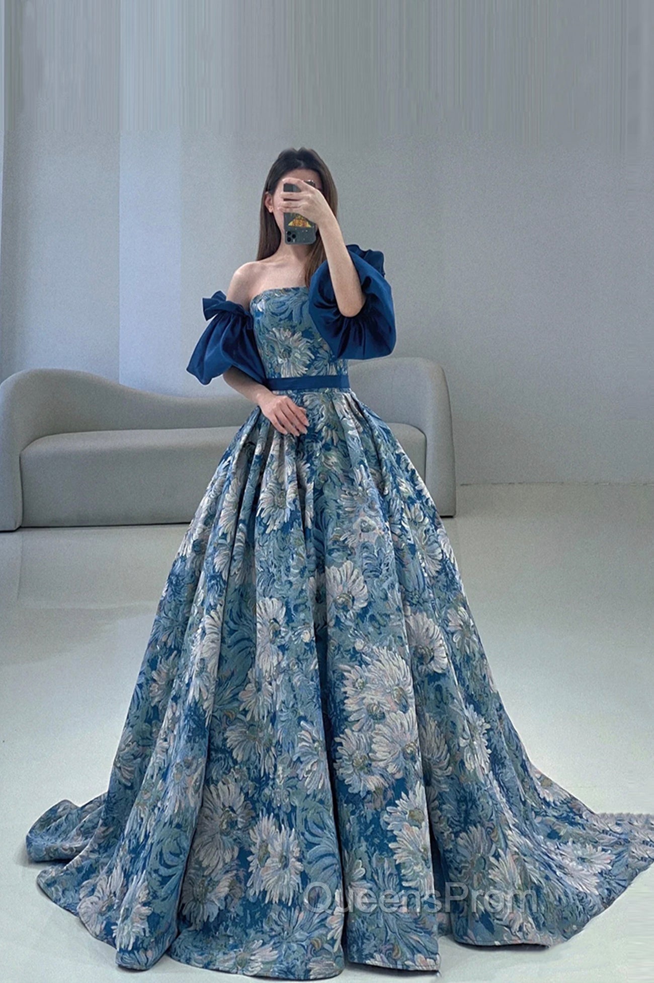 Blue Floral Pattern Long Senior Evening Prom Dress, Off the Shoulder Evening Party Dress