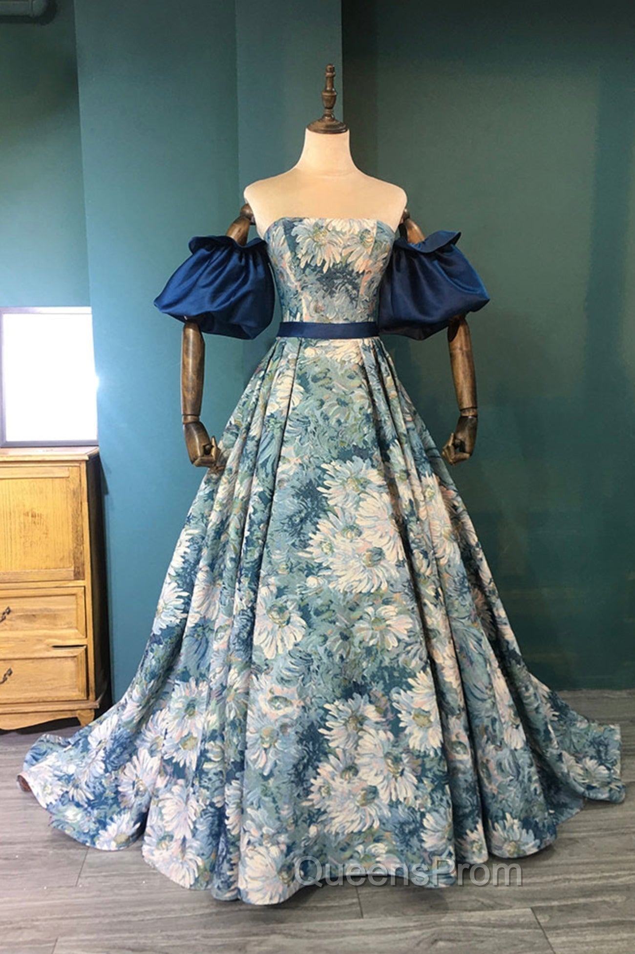 Blue Floral Pattern Long Senior Evening Prom Dress, Off the Shoulder Evening Party Dress Main image