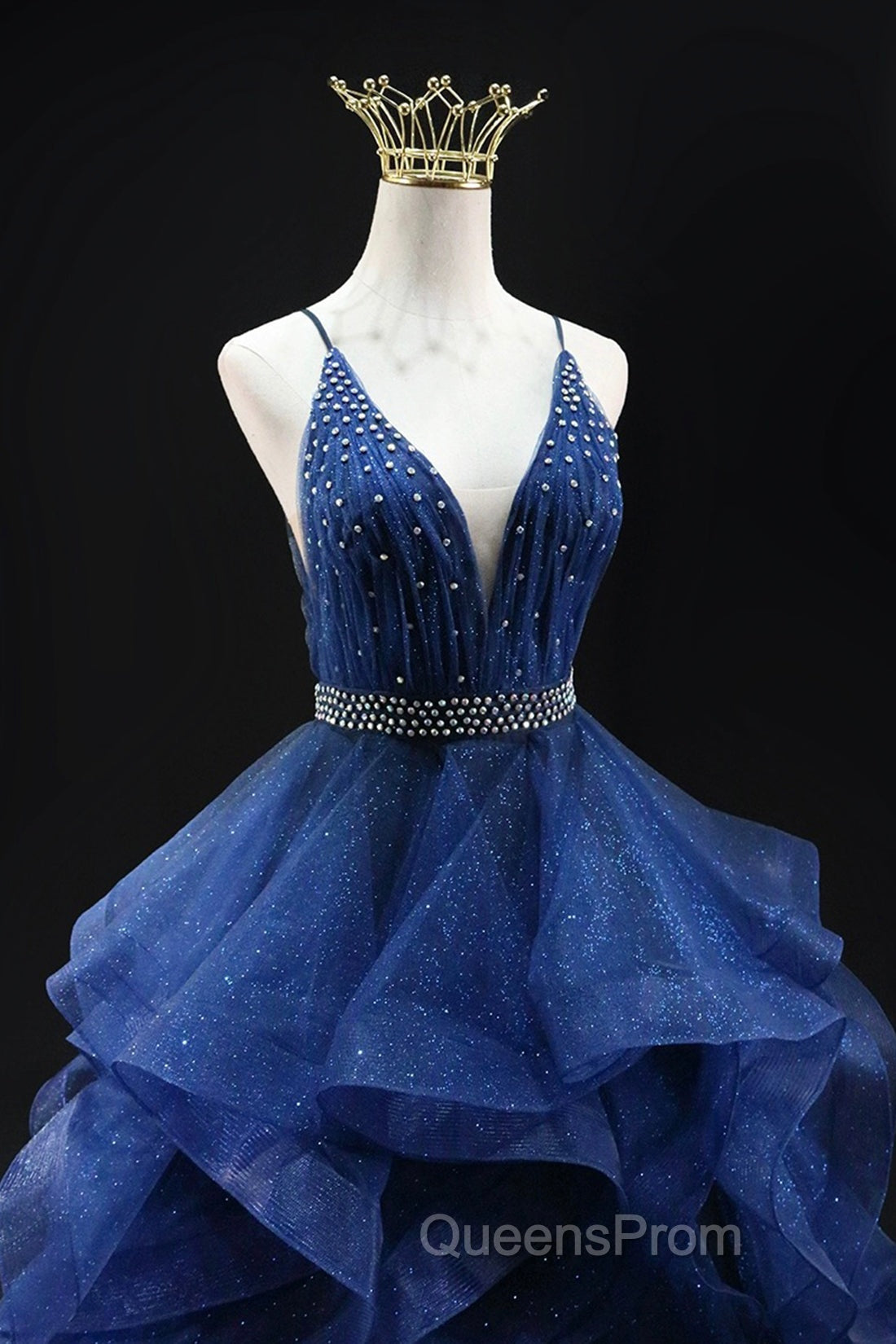 Blue Glitter Tulle Long A-Line Evening Prom Dress, V-Neck Spaghetti Strap Backless Evening Party Dress Secondary image