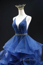 Blue Glitter Tulle Long A-Line Evening Prom Dress, V-Neck Spaghetti Strap Backless Evening Party Dress