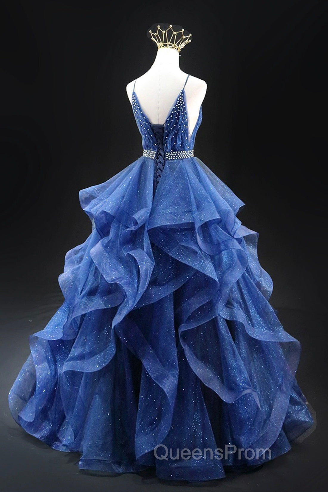 Blue Glitter Tulle Long A-Line Evening Prom Dress, V-Neck Spaghetti Strap Backless Evening Party Dress
