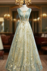 Blue Gold Tulle Sequins V-neck Pleats Evening Prom Dress