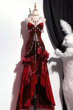 Blue/Burgundy Gorgeous Elegant Delicate Beaded Spaghetti Strap Long Ruffled Velvet Ball Gown Classy Evening Gown Party Dress