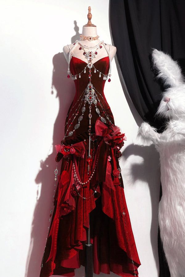 Blue/Burgundy Gorgeous Elegant Delicate Beaded Spaghetti Strap Long Ruffled Velvet Ball Gown Classy Evening Gown Party Dress