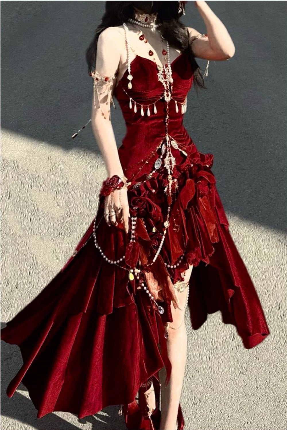 Blue/Burgundy Gorgeous Elegant Delicate Beaded Spaghetti Strap Long Ruffled Velvet Ball Gown Classy Evening Gown Party Dress