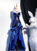 Blue/Burgundy Gorgeous Elegant Delicate Beaded Spaghetti Strap Long Ruffled Velvet Ball Gown Classy Evening Gown Party Dress