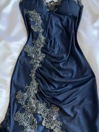 Blue Gorgeous Exquisite Applique Lace Spaghetti Straps Long Satin Prom Dress Evening Dress Party Dress