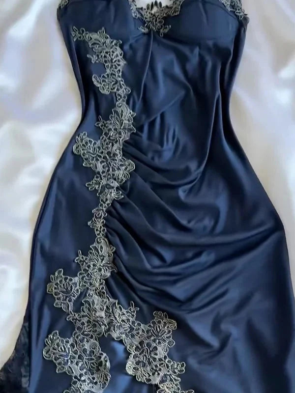 Blue Gorgeous Exquisite Applique Lace Spaghetti Straps Long Satin Prom Dress Evening Dress Party Dress