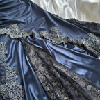 Blue Gorgeous Exquisite Applique Lace Spaghetti Straps Long Satin Prom Dress Evening Dress Party Dress