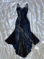 Blue Gorgeous Exquisite Applique Lace Spaghetti Straps Long Satin Prom Dress Evening Dress Party Dress
