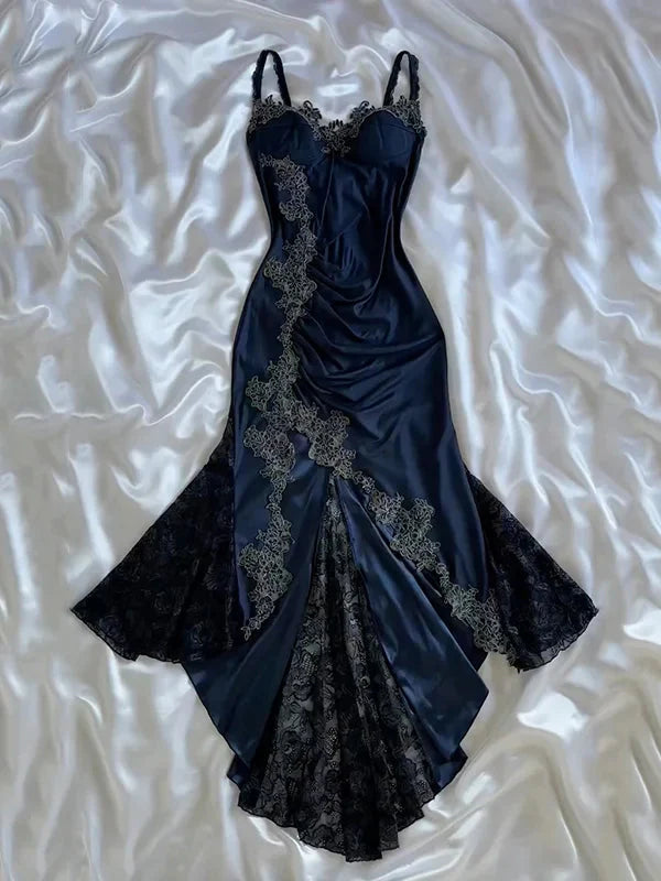 Blue Gorgeous Exquisite Applique Lace Spaghetti Straps Long Satin Prom Dress Evening Dress Party Dress Main image