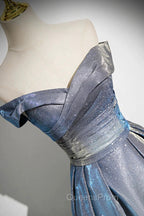 Blue Gradient A-Line Floor Length Evening Prom Dress, Blue Off The Shoulder Evening Party Dress