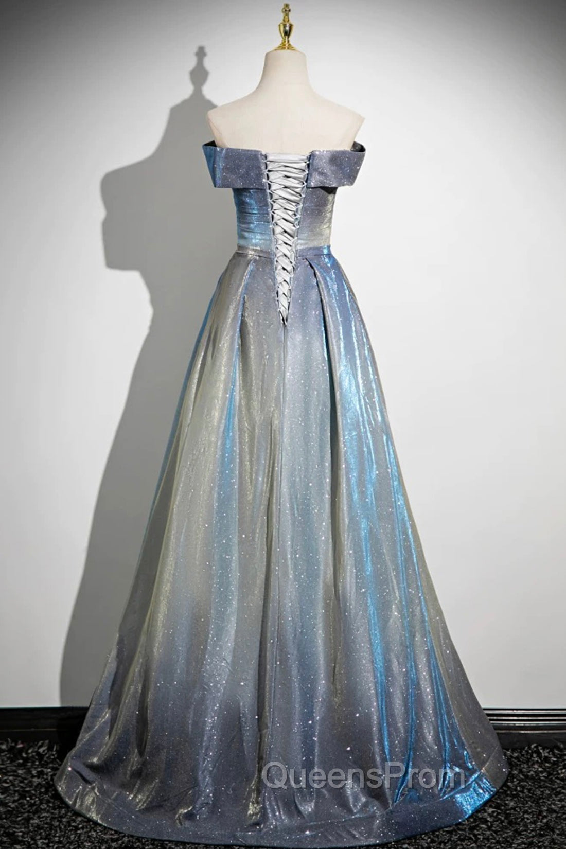 Blue Gradient A-Line Floor Length Evening Prom Dress, Blue Off The Shoulder Evening Party Dress