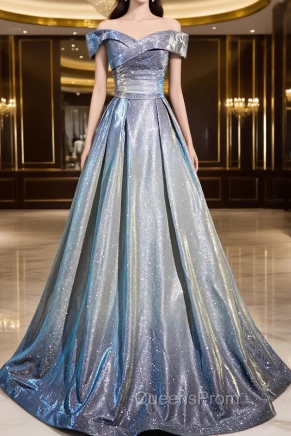 Blue Gradient A-Line Floor Length Evening Prom Dress, Blue Off The Shoulder Evening Party Dress Main image