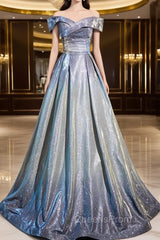 Blue Gradient A-Line Floor Length Evening Prom Dress, Blue Off The Shoulder Evening Party Dress