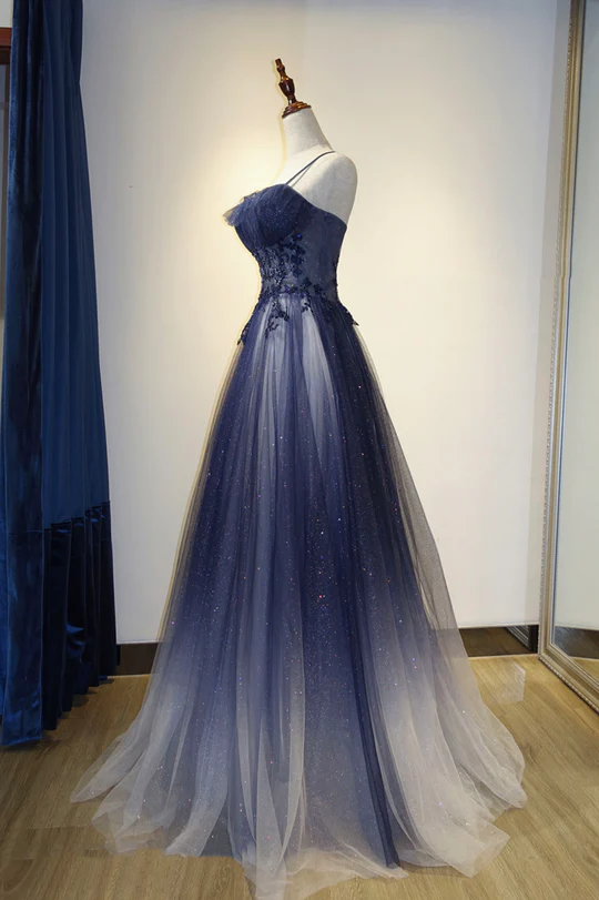 Blue Gradient A-Line Tulle Long Classy Dress, Floor Length Classy Prom Dress