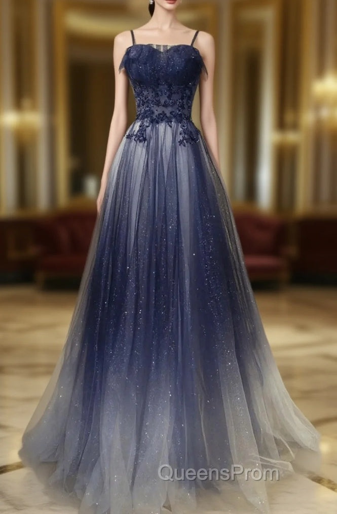 Blue Gradient A-line Tulle Long Evening Dress Graduation Dress Woman