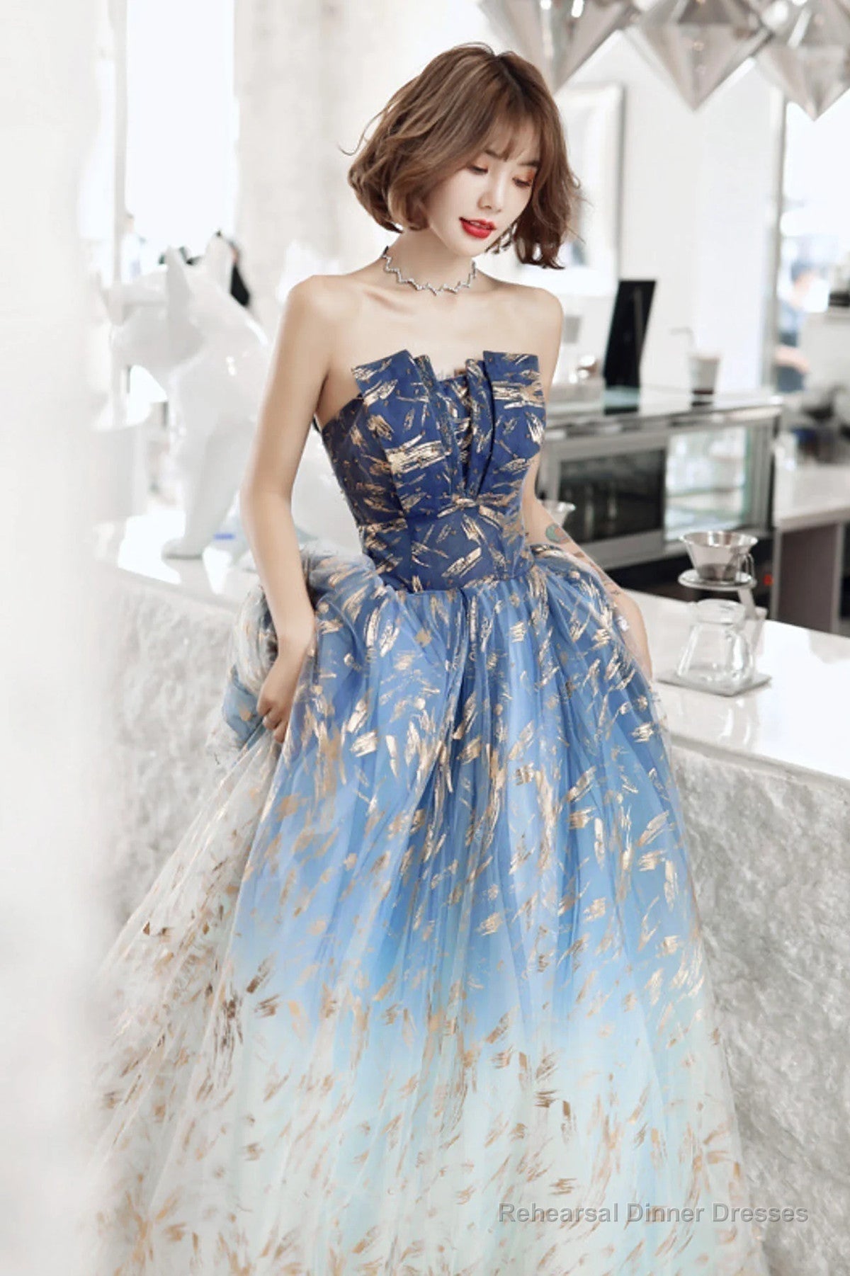 Blue Gradient Beaded A-line Floor Length Party Dress, Blue Tulle Prom Dress Secondary image