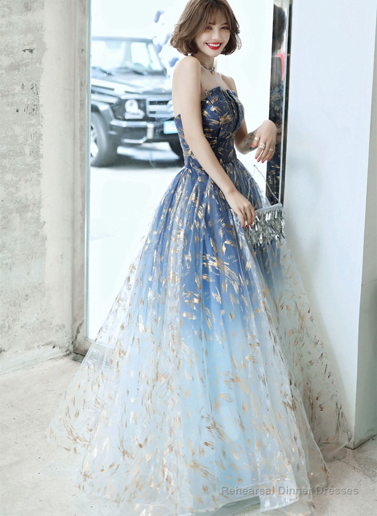 Blue Gradient Beaded A-line Floor Length Party Dress, Blue Tulle Prom Dress Main image
