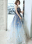 Blue Gradient Beaded A-line Floor Length Party Dress, Blue Tulle Prom Dress