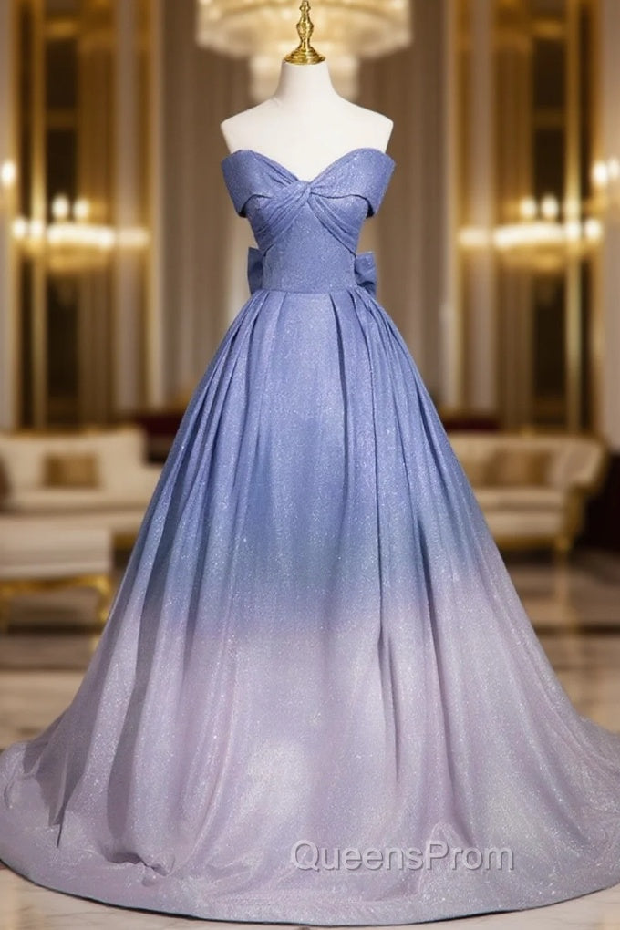 Blue Gradient-Color Glitter Sequins Evening Prom Dress, A-Line Off-The-Shoulder Blue Princess Evening Dress