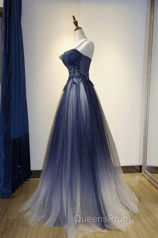 Blue Gradient Straps Tulle Long Party Dress with Lace Blue Junior Evening Prom Dress Evening Prom Dress shops